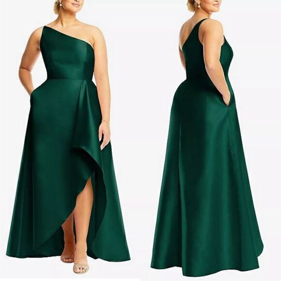 NEW ALFRED SUNG One-Shoulder Satin Gown Pockets Long Dress Hunter Green Size 12 - Picture 1 of 9